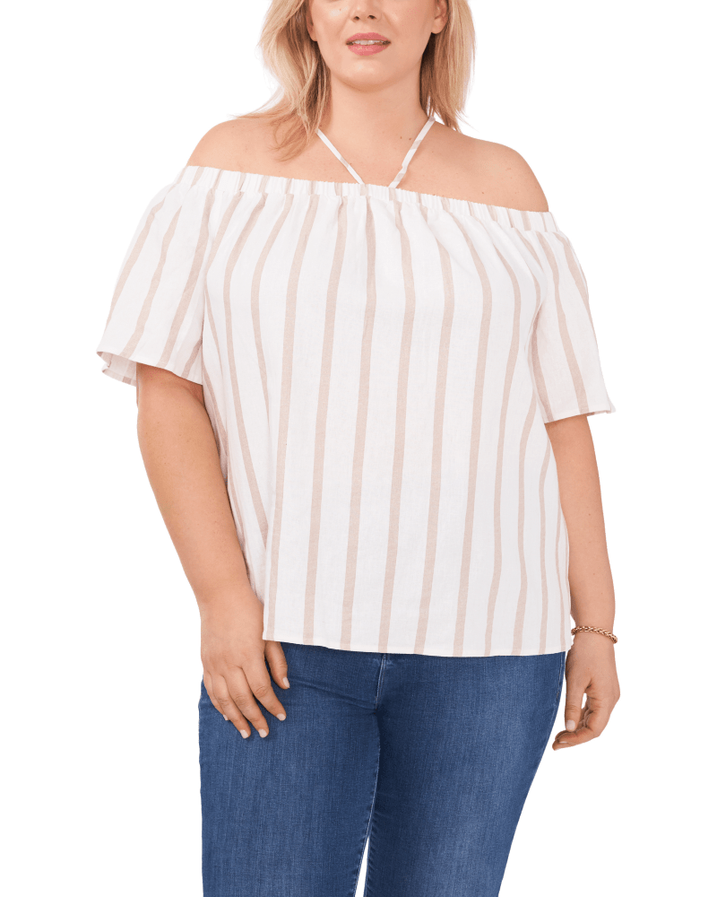 Front of a model wearing a size 1X Emilia Striped Linen Blouse in WINDSOR MOSS by Vince Camuto. | dia_product_style_image_id:261106